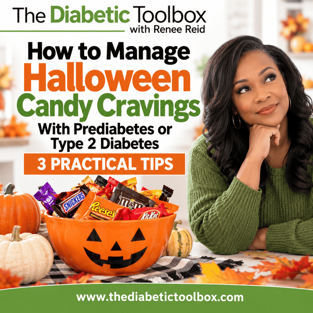 A woman in a green sweater thoughtfully looks off to the side next to a bowl of Halloween candy, promoting tips for managing candy cravings for those with prediabetes or type 2 diabetes.