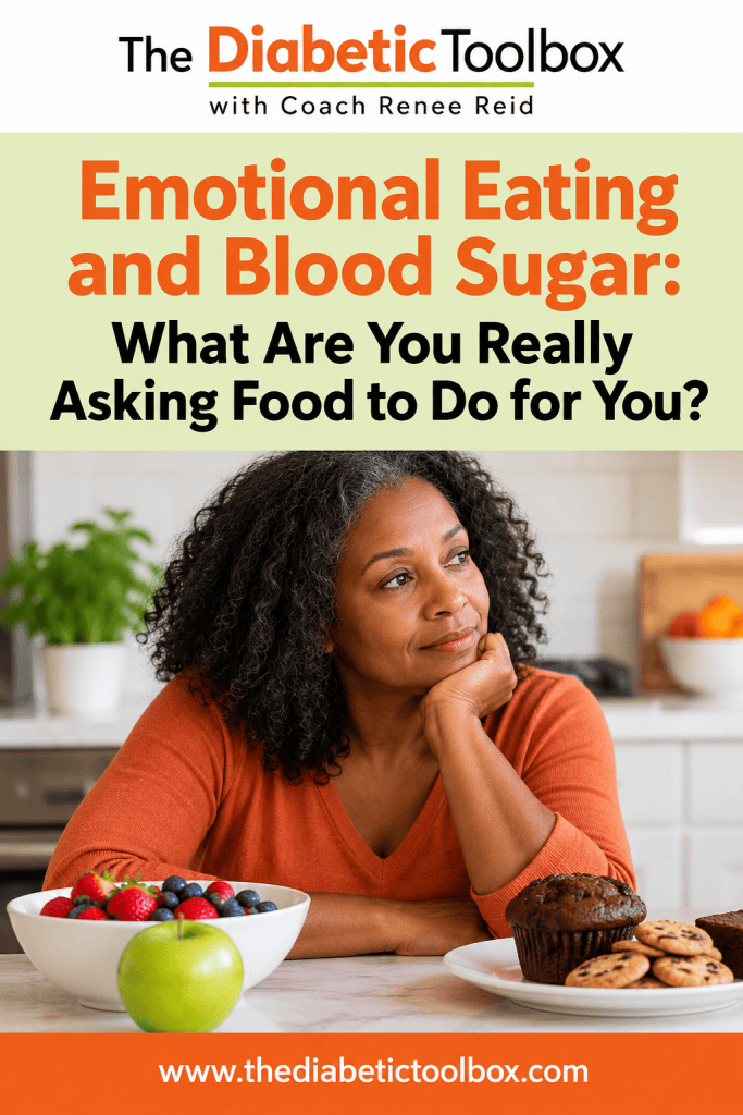 A woman with curly hair thoughtfully looking away while sitting at a table with various fruits, muffins, and cookies in front of her. The image includes text about emotional eating and blood sugar.