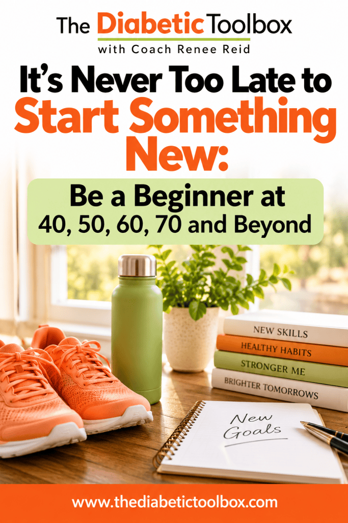 A motivational image featuring orange sneakers, a green water bottle, a potted plant, and a notepad with 'New Goals' written on it. In the background, there are stacked books with titles related to personal development, alongside a bright window.