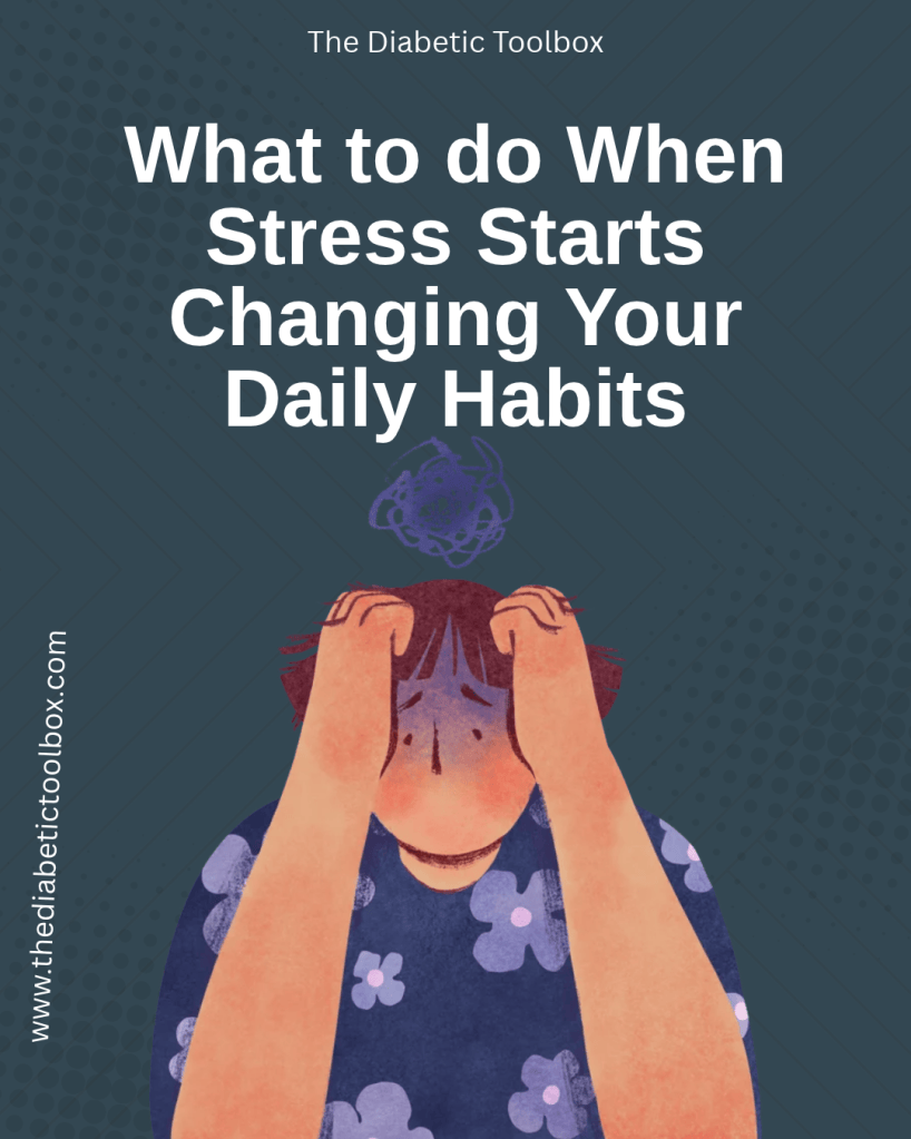 An illustration of a person with their hands on their head, looking stressed, with a thought bubble above them. The background features a dark pattern and includes text about managing stress and daily habits.